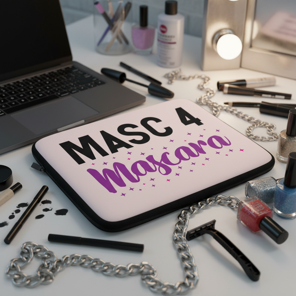 Masc 4 Mascara Laptop Sleeve on a glowy vanity, surrounded by makeup, nail polish, brushes, chains, and a laptop; lit mirror behind.