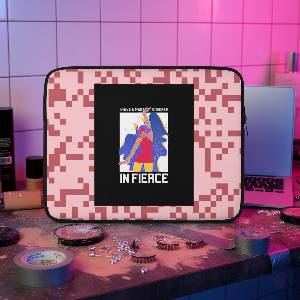 Laptop sleeve with pink neoprene, pixelated pattern, and fierce blue-haired woman in shades; makeup and laptop on cluttered counter.