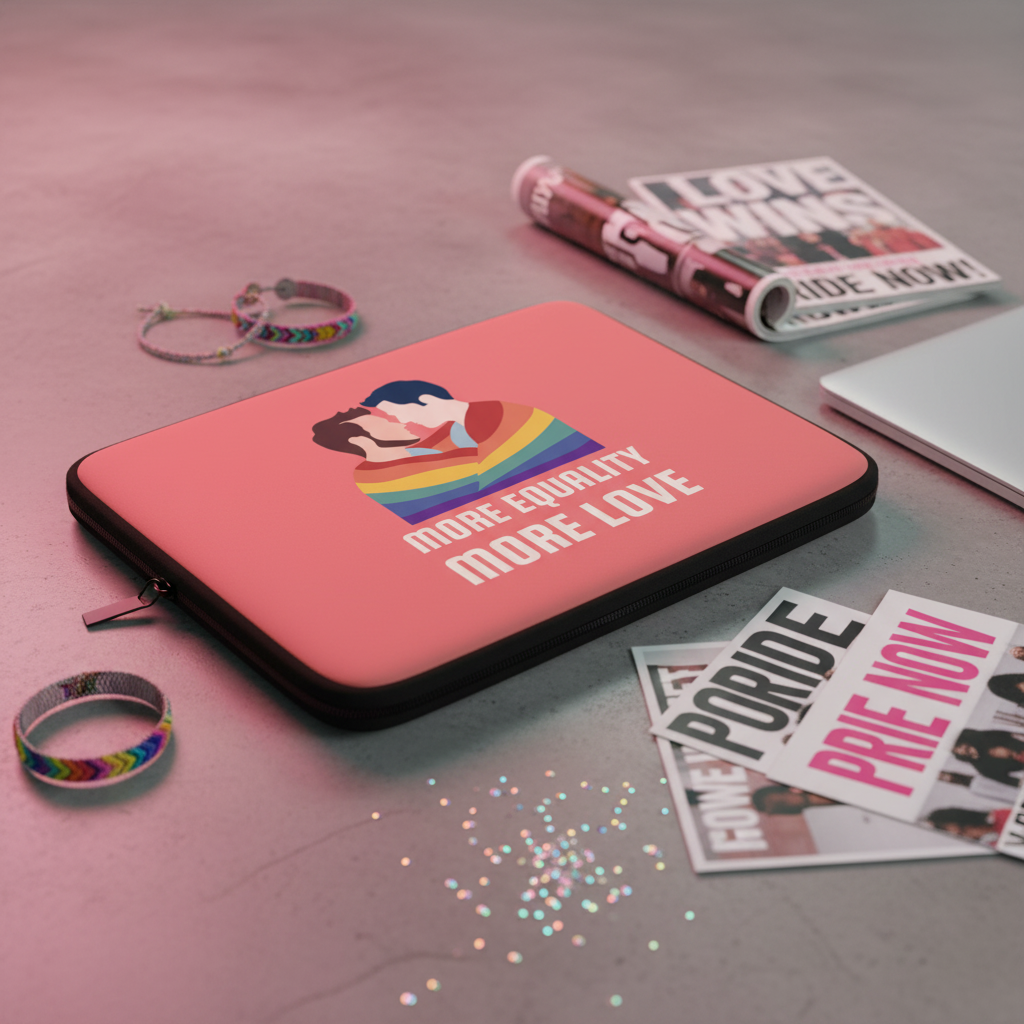 Laptop sleeve with “More Equality, More Love,” two people under a rainbow flag, on gray with pride bracelets, confetti, LGBTQ+ mags.