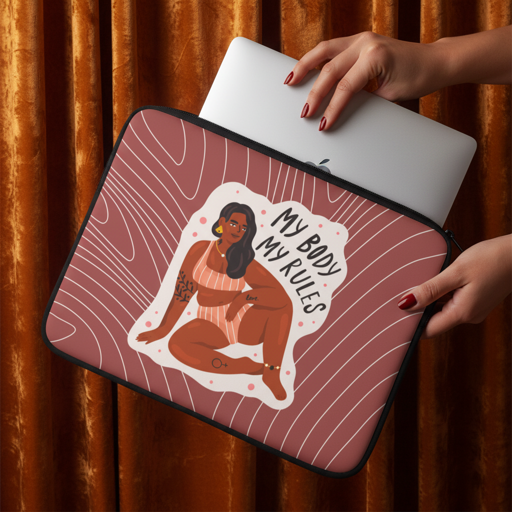 My Body My Rules laptop sleeve; pink neoprene, wavy pattern, bold “MY BODY MY RULES” slogan, femme figure in underwear.