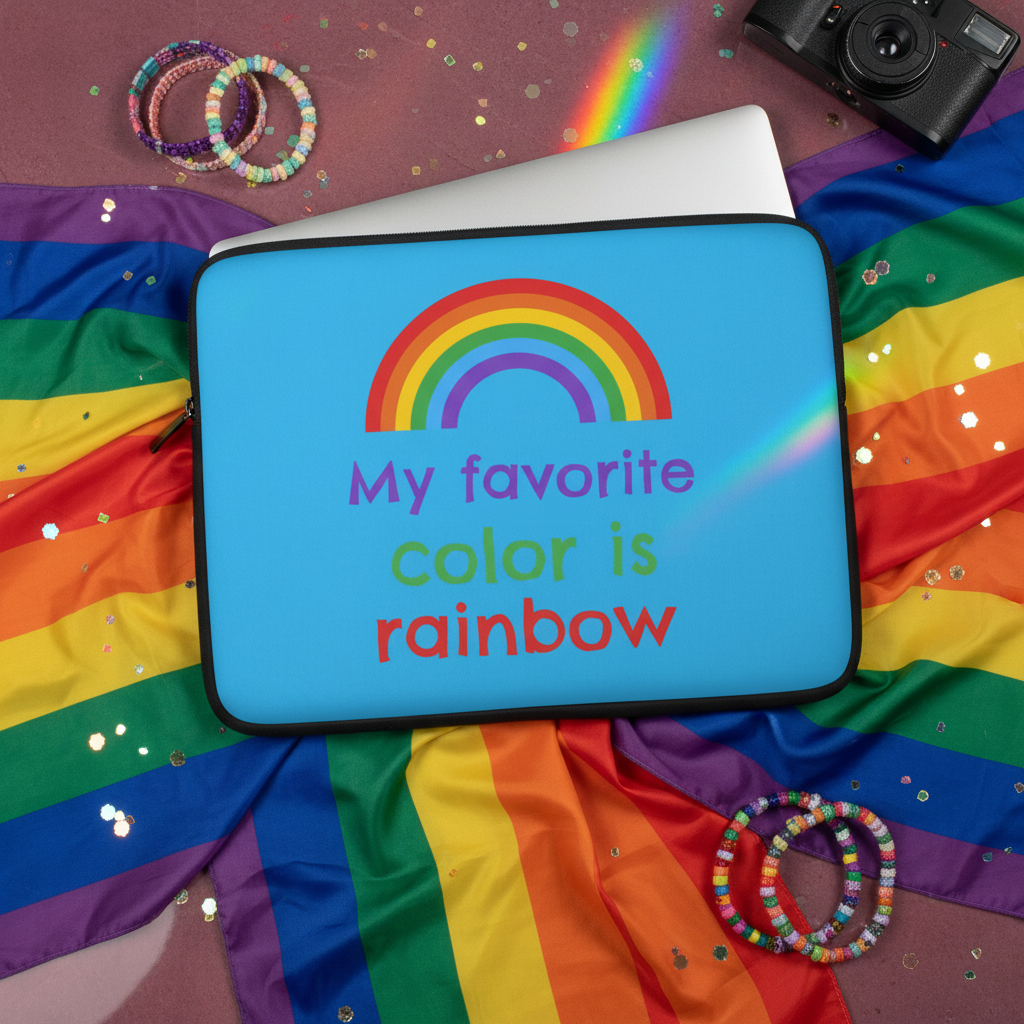 Blue "My Favorite Colour Is Rainbow" laptop sleeve with rainbow art on a pride flag, beaded bracelets, sequins, and camera nearby.