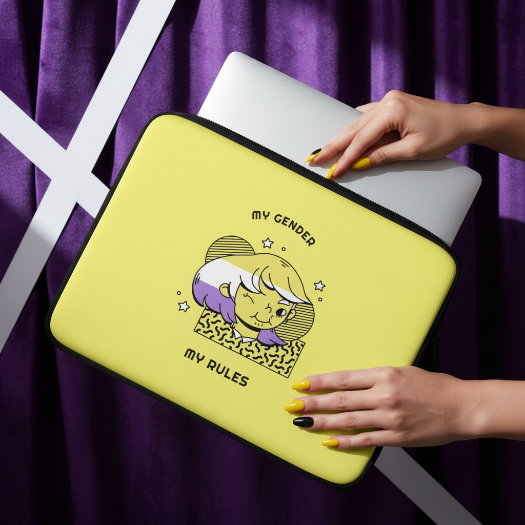 My Gender My Rules laptop sleeve with cartoon art, stars, and “MY GENDER MY RULES” on yellow, held by hands with yellow and black nails.