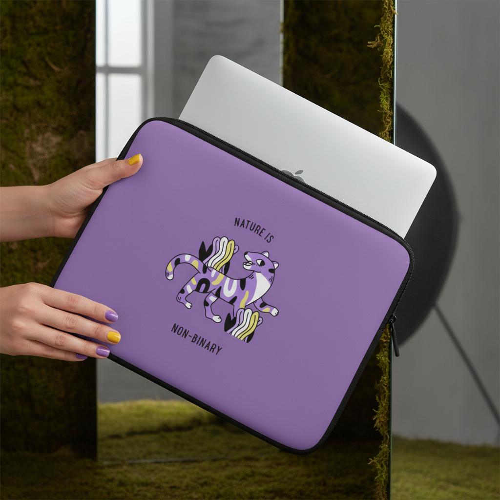 Nature Is Non-Binary Laptop Sleeve with bold text, illustrated cat and cacti, held by hands with yellow and purple nails; silver laptop showing.