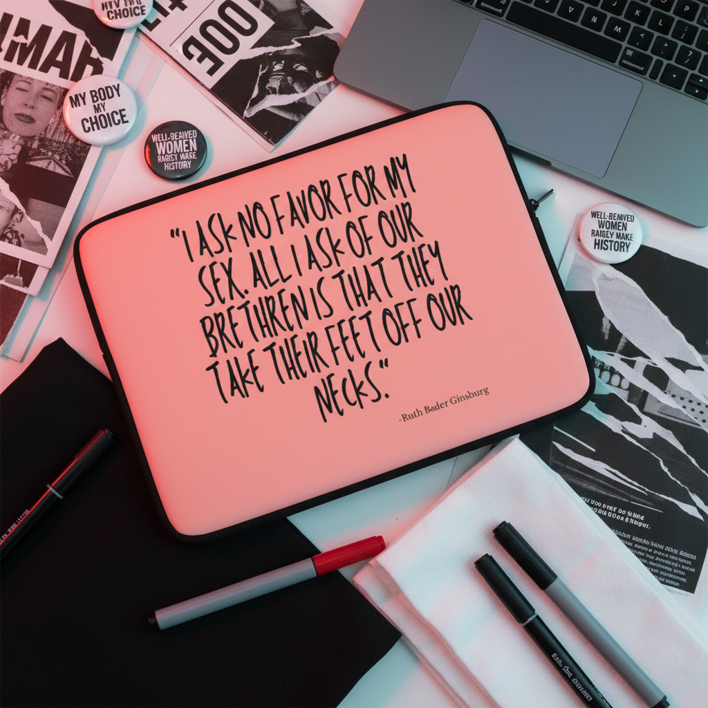No Favor For My Sex laptop sleeve with Ruth Bader Ginsburg quote in bold black on a desk, surrounded by protest stickers and feminist zines.