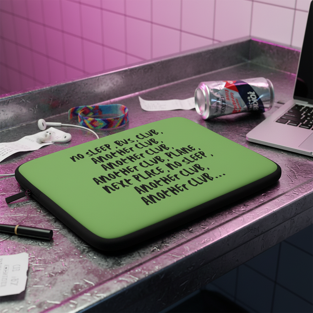 Laptop sleeve reading "No Sleep, Bus, Club, Another Club" on a metallic counter with receipts, PBR can, rainbow lanyard, and laptop.