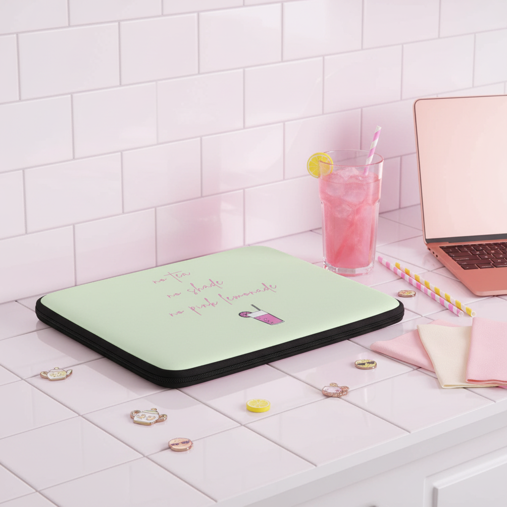 Mint green neoprene laptop sleeve with pink "No Tea No Shade No Pink Lemonade" text and drink graphic, plus pink drink, rose gold laptop, pastel notebooks, and candy on a white counter.