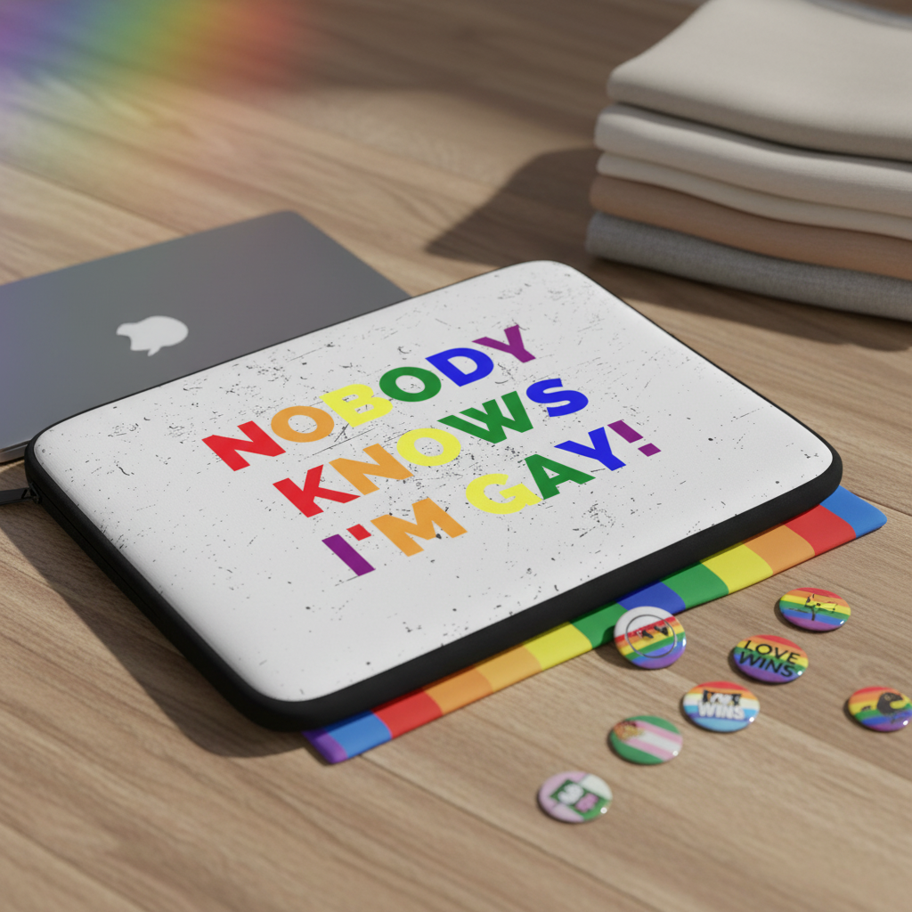 Laptop sleeve reads "Nobody Knows I'm Gay!" in rainbow text, on wood desk with pride buttons, rainbow mouse pad, laptop, and clothes.