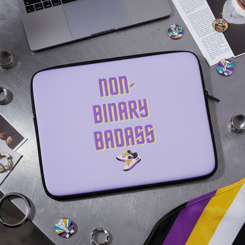 Non-Binary Badass laptop sleeve with bold purple and yellow text, sneaker graphic on lavender, black zipper, next to a NB pride flag.