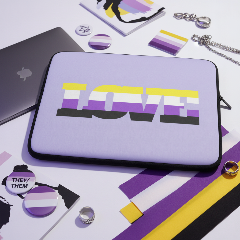 Non-Binary Love Laptop Sleeve in pastel purple, bold “LOVE” in non-binary flag colors. Shown with laptop, badges, lanyards, rings, chain, notebook, and THEY/THEM pin.