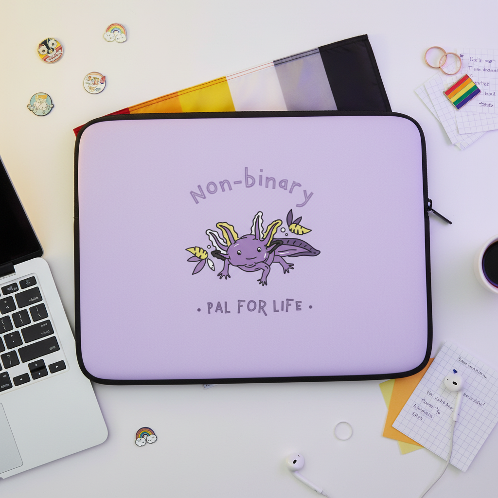 Pastel purple laptop sleeve reading “Non-Binary Pal For Life” with a cute axolotl, beside non-binary flag, rainbow patch, pins.