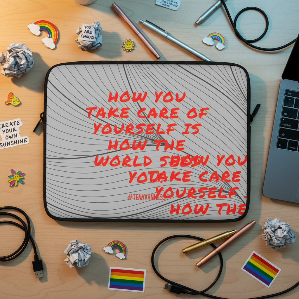 Be Yourself laptop sleeve with “HOW YOU TAKE CARE OF YOURSELF IS HOW THE WORLD SHOWS YOU TO TAKE CARE OF YOURSELF” among pride flags, rainbow pins, markers, a journal, crumpled papers, and a laptop on the desk.