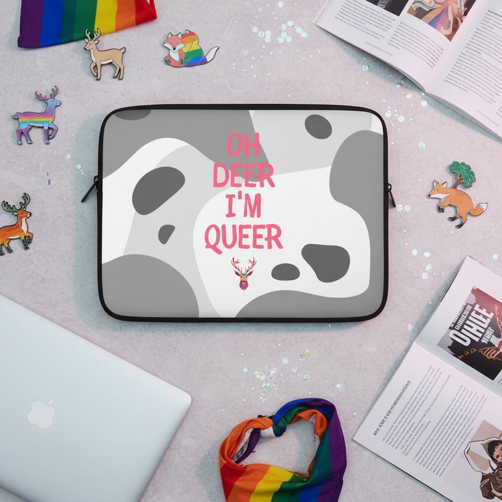 Oh Deer I'm Queer laptop sleeve in gray and white spotted neoprene, pink “OH DEER I’M QUEER” above a rainbow-antlered deer, plus rainbow symbols, queer animal stickers, books, and a silver MacBook.