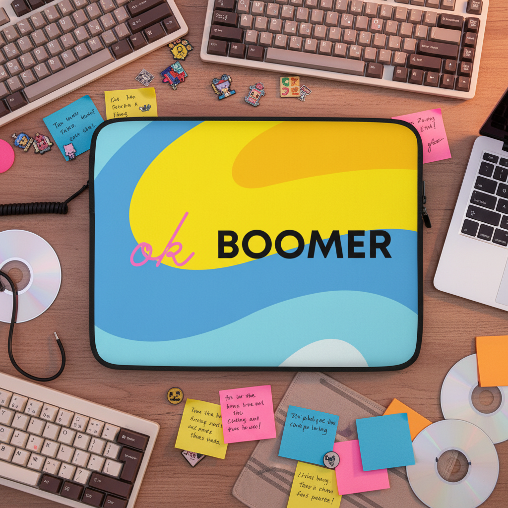 Laptop sleeve rocks bold pride colors and "ok BOOMER" slogan, serving queer retro energy on a cluttered desk with office supplies.