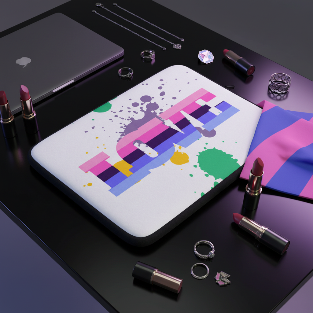 Omnisexual Love laptop sleeve with bold abstract "LOVE" text sits on a shiny black desk surrounded by lipsticks, jewelry, MacBook, and a pink-blue-purple striped pride cloth.