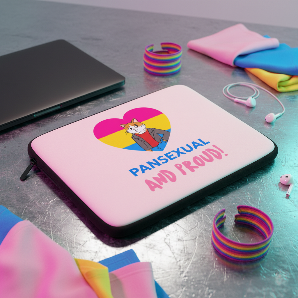 Pansexual and Proud laptop sleeve with a cartoon cat in a suit, pan heart, “Pansexual and Proud!” text; rainbow wristbands, flag.