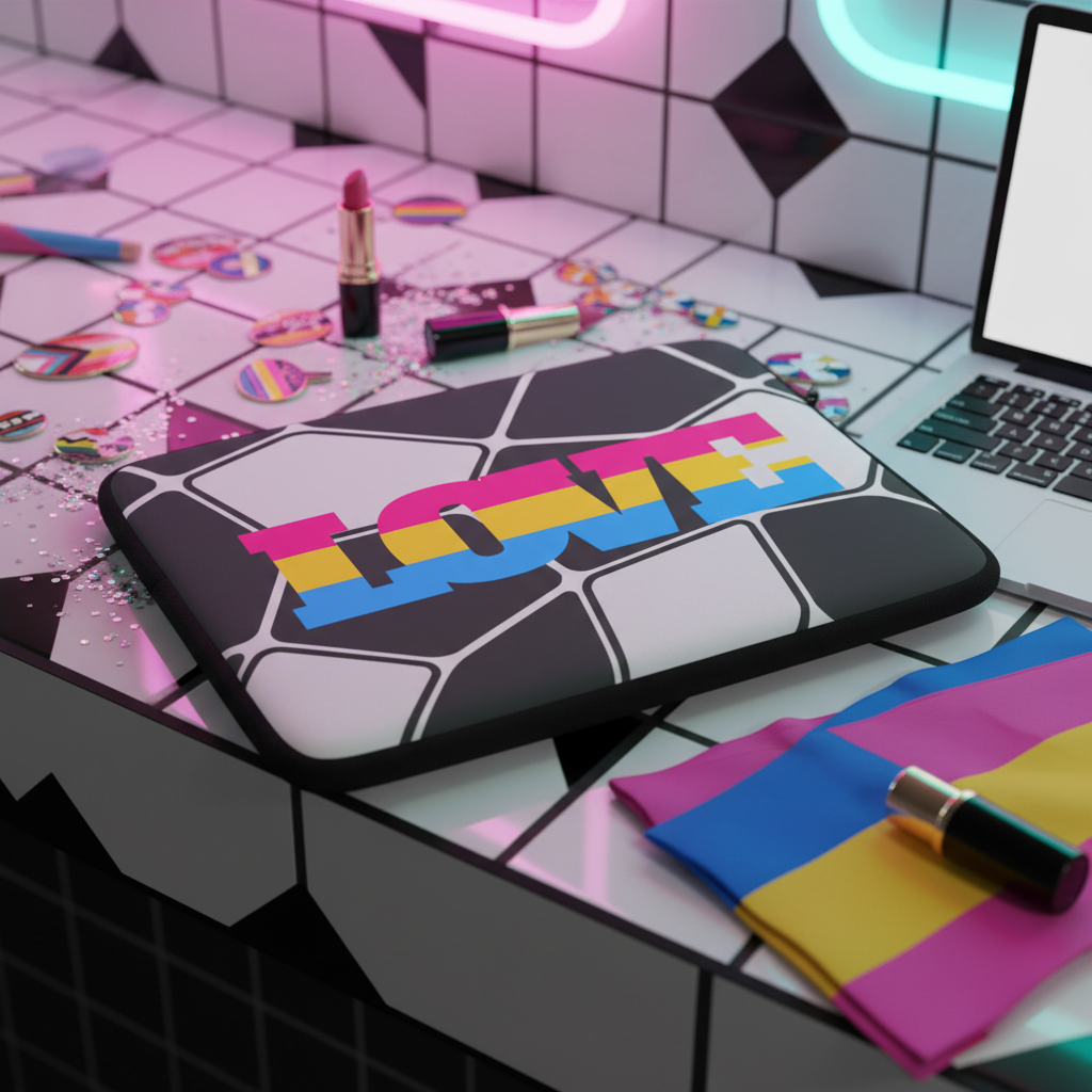 Pansexual Love Laptop Sleeve with “LOVE” in yellow, pink, and blue neoprene on a tiled desk, pan pride flag, queer buttons, and glitter.
