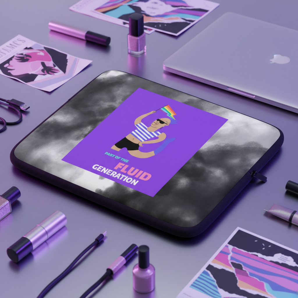 Laptop sleeve with a graphic of a person holding a rainbow flag, on a pastel desk with makeup, art prints, and pride-themed decor.