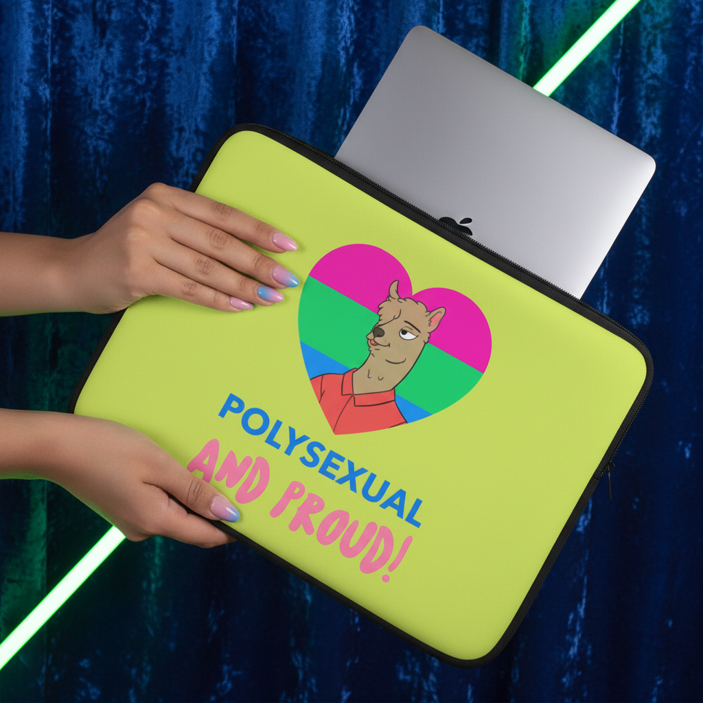 Polysexual And Proud laptop sleeve with a cartoon llama on a polysexual heart, held by manicured hands amid blue velvet and neon.