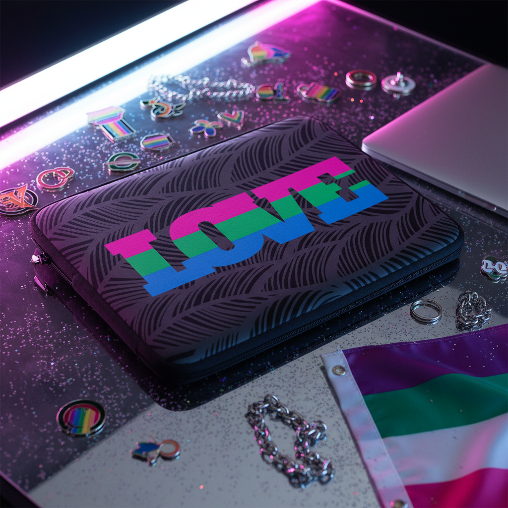 Polysexual Love laptop sleeve with water-resistant rainbow-striped "LOVE" sits on glitter, pride pins, jewelry, flag bit, neon-lit.