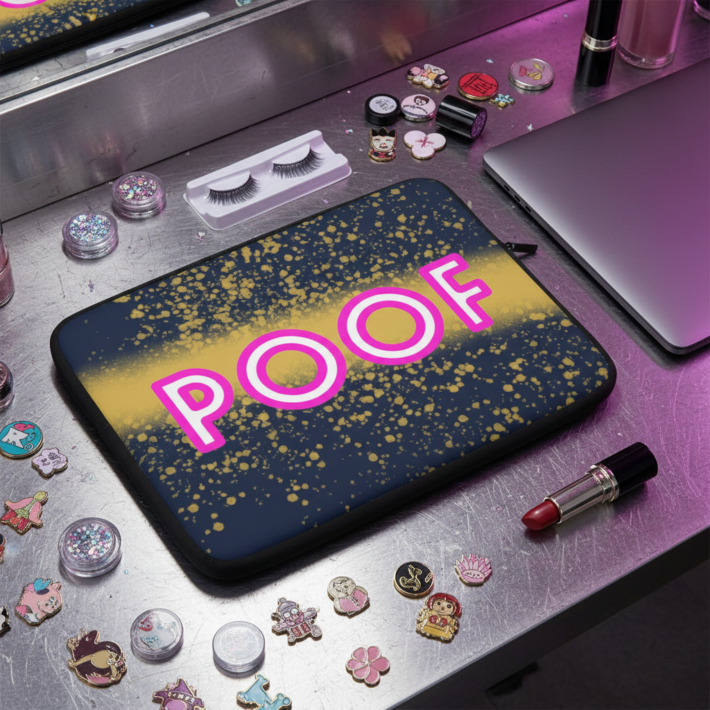 Navy and gold neoprene Poof Laptop Sleeve with bold pink "POOF" text, on a vanity amid enamel pins, glitter, lashes, lipstick, all bathed in vivid pink queer lighting.