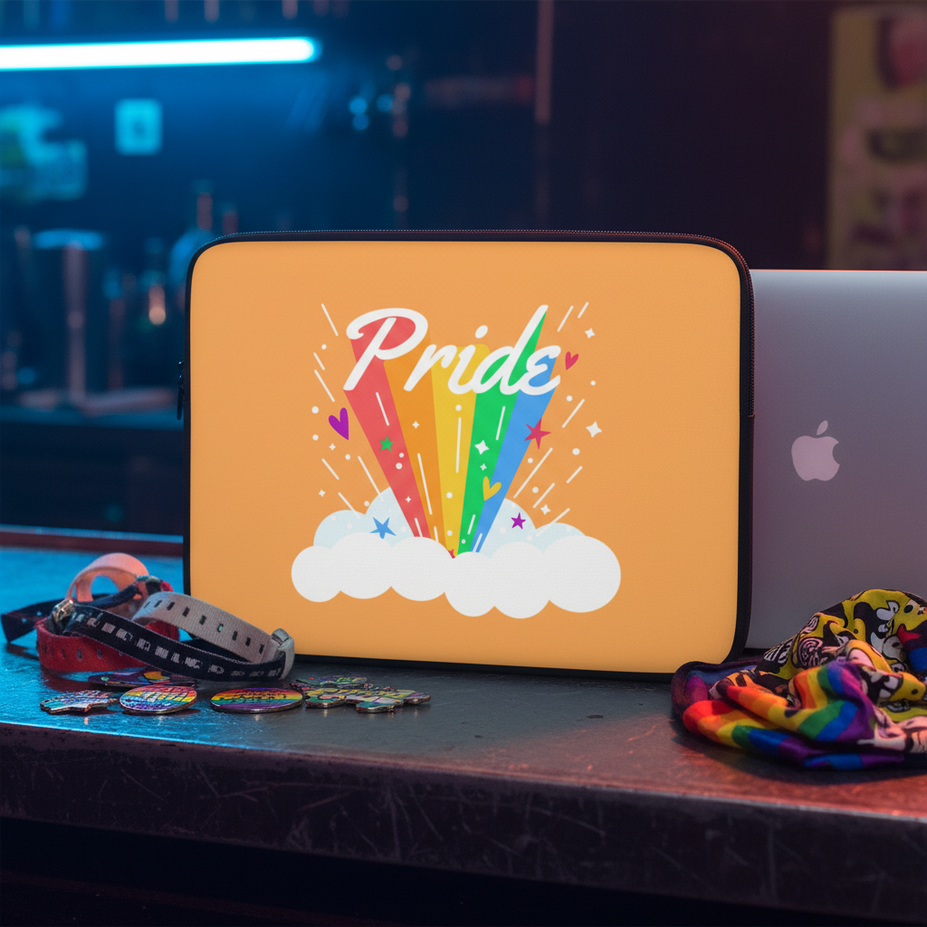 Pride Rainbow Laptop Sleeve on a dark table by a MacBook, with queer pins, rainbow strap, and neon blue light in the background.