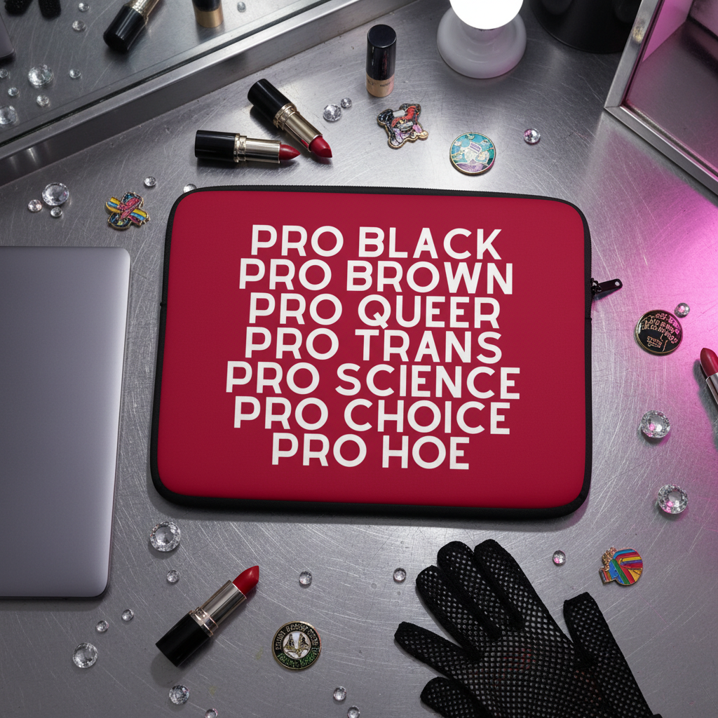 Red Pro Hoe laptop sleeve with bold white “PRO BLACK, PRO BROWN, PRO QUEER...” text on vanity with makeup, pins, mirror, gems.