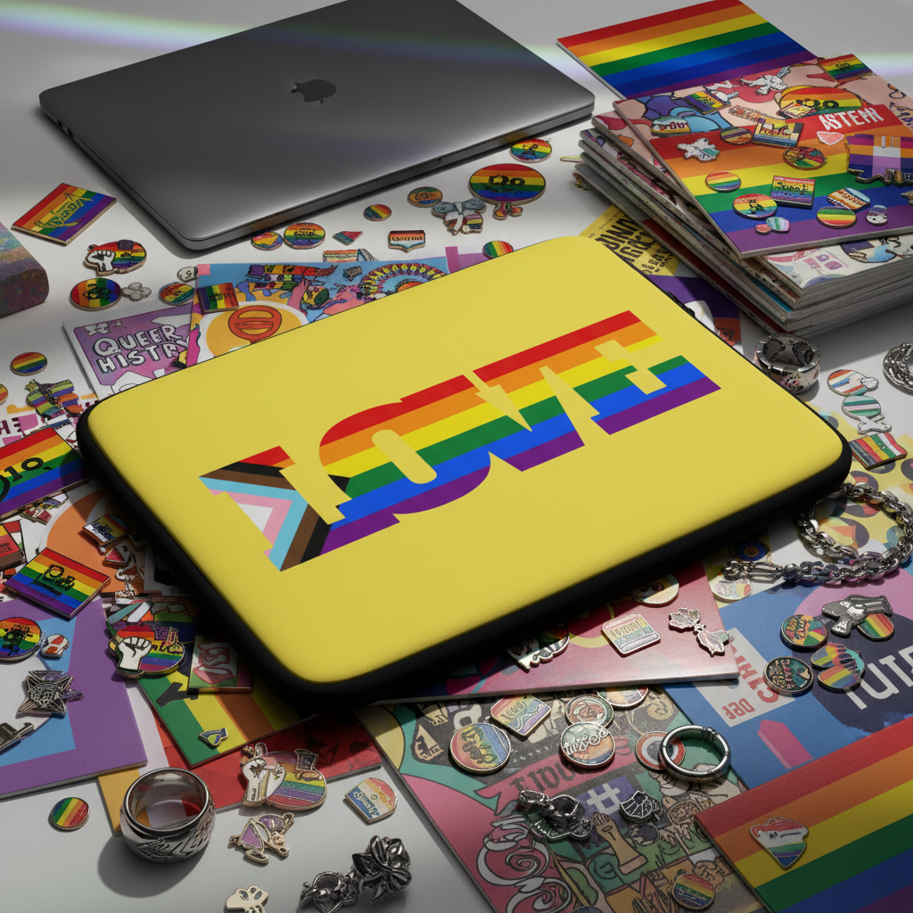Yellow Progress LGBT Love laptop sleeve with "LOVE" in rainbow colors, shown on a desk full of queer pins, stickers, and pride flags.