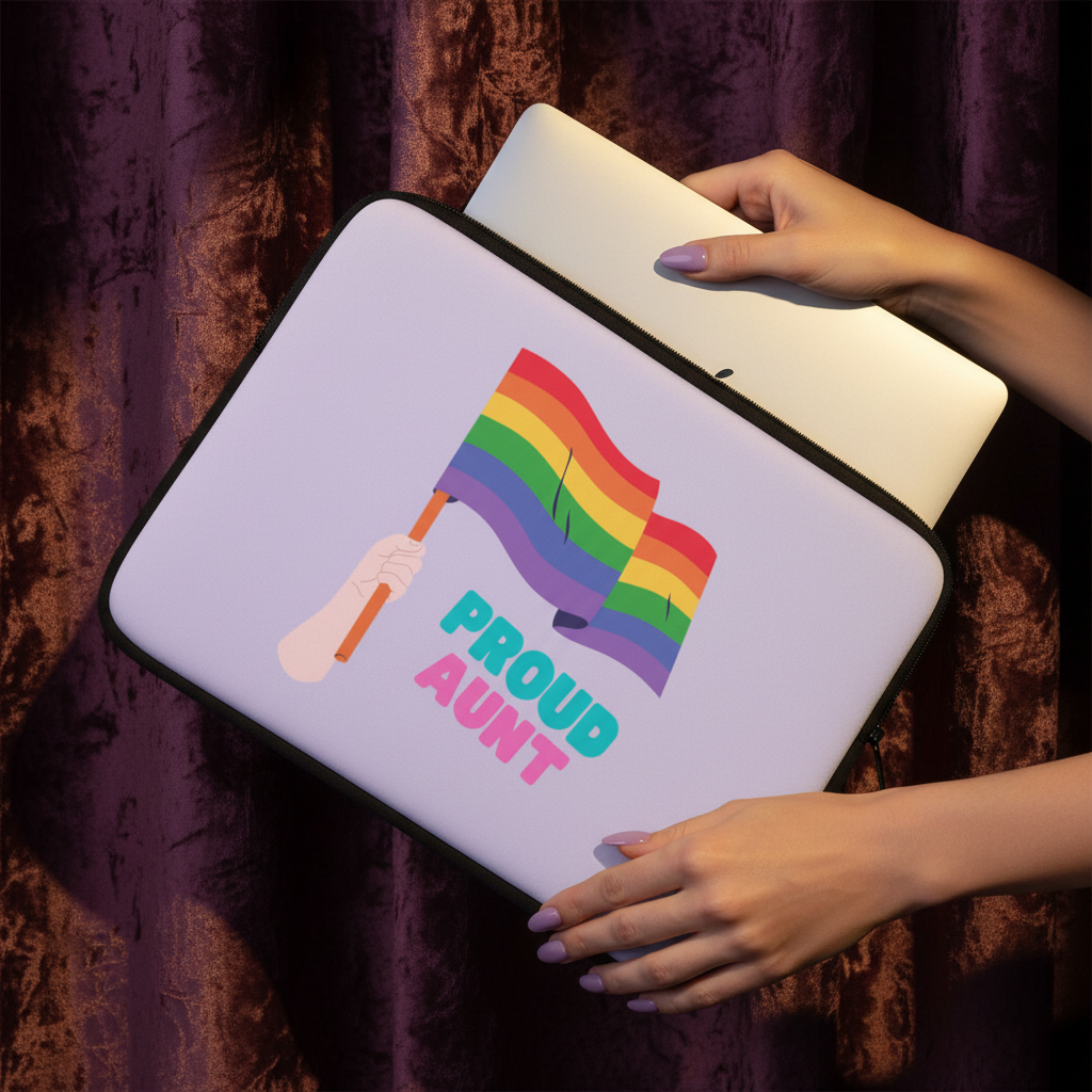 Proud Aunt Laptop Sleeve with a hand waving a rainbow flag and bold teal and pink "PROUD AUNT" text; matching lilac nails, purple curtain.
