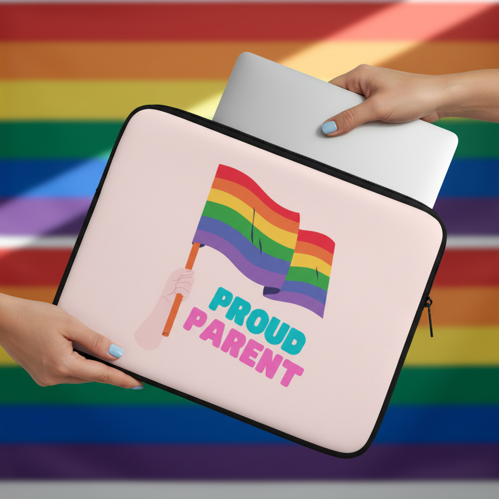 Proud Parent Laptop Sleeve with a hand waving a rainbow Pride flag and "Proud Parent" in bold; laptop slides in, Pride flag blurred behind.