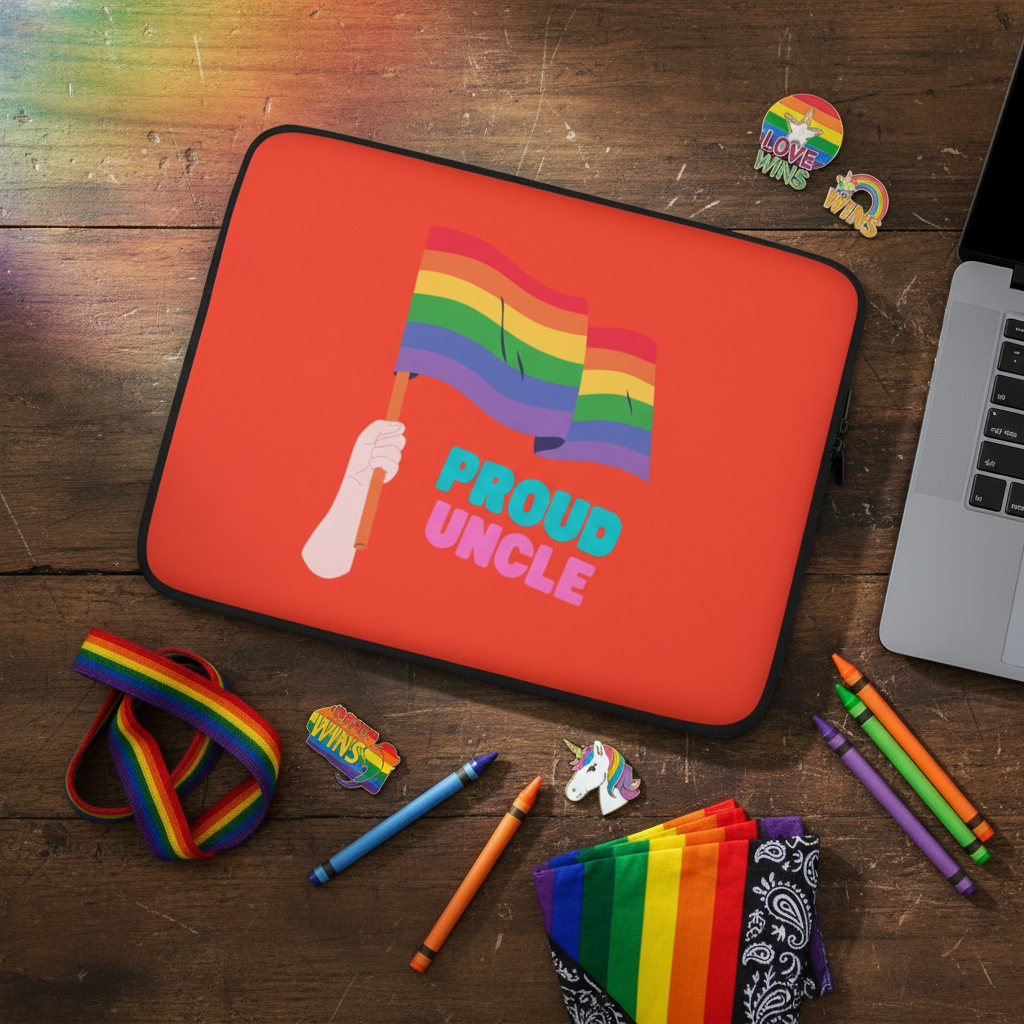 Bright red "Proud Uncle" laptop sleeve with hand holding rainbow pride flag, shown on wood desk with rainbow crayons, pins, ribbon, black bandana, and a laptop.