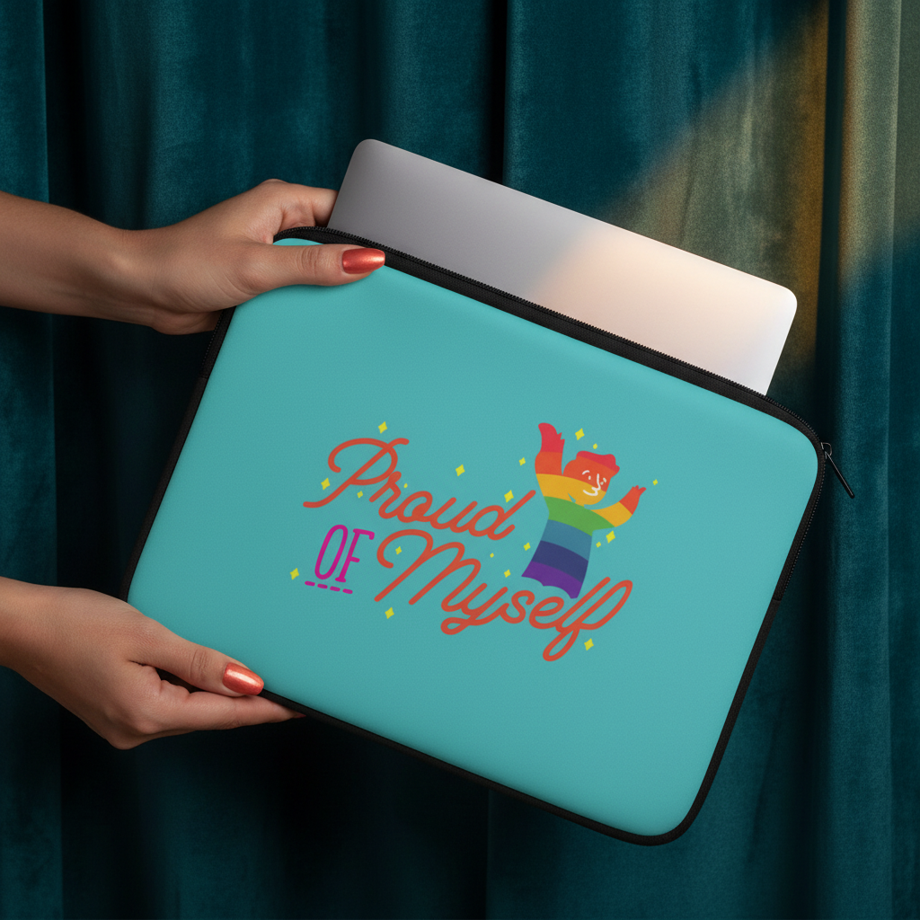 Proud of Myself Laptop Sleeve—teal, padded, with rainbow "Proud of Myself" text and queer figure; dark green curtains backdrop.