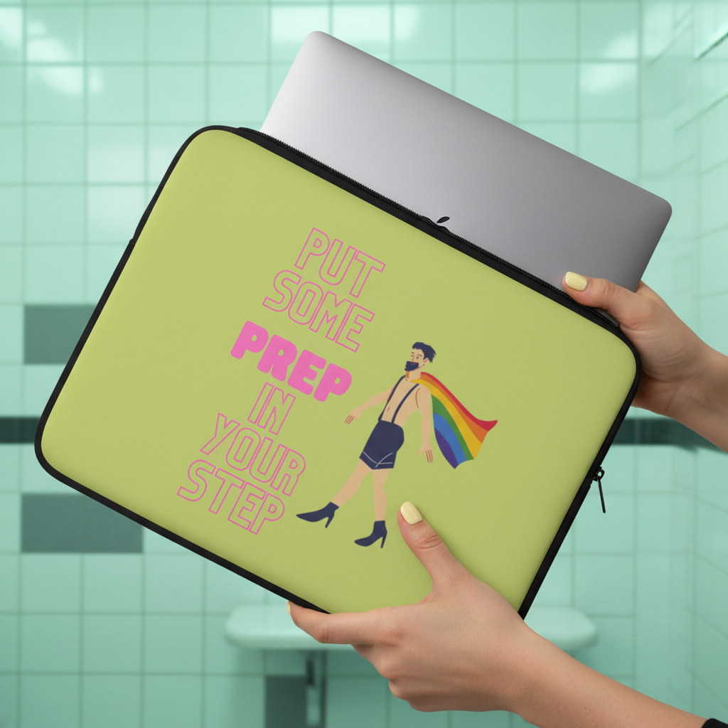 Put Some PrEP In Your Step" laptop sleeve, held by a person, has rainbow cape art and bold slogan over tiled bathroom wall.