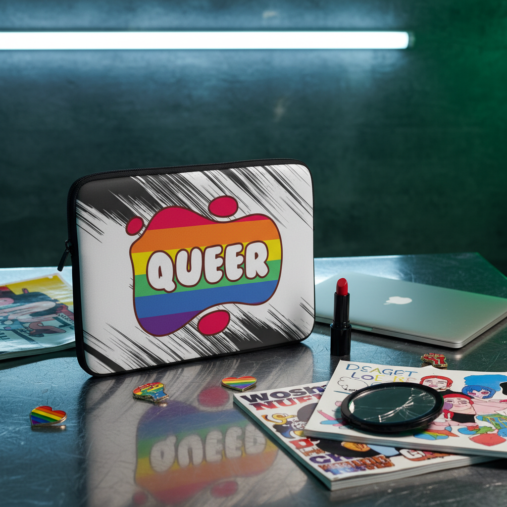 White neoprene laptop sleeve with a rainbow Pride flag blob and bold "QUEER" text in comic style, next to rainbow pins and lipstick.