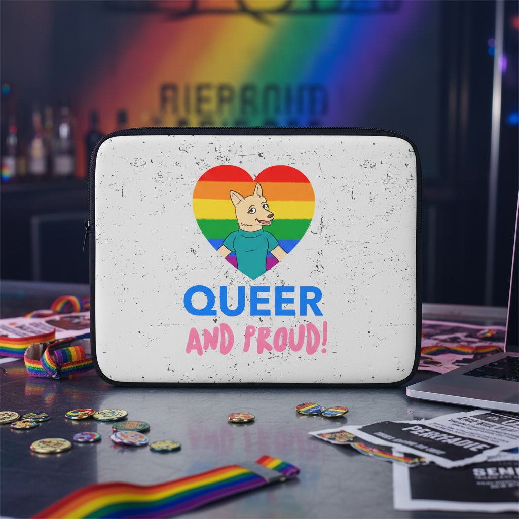 Queer And Proud Laptop Sleeve with bold "QUEER AND PROUD!" text, heart rainbow flag, queer pins, a dog in blue, and bright pride decor.