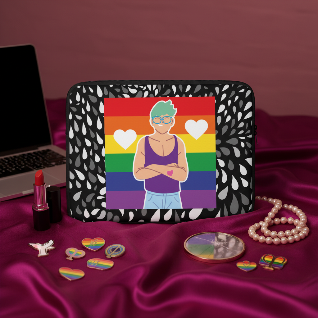 Queer Love Laptop Sleeve with a cartoon figure in shades and purple tank top over a rainbow pride flag with white hearts, ringed by laptop, lipstick, pearls, buttons, and a pride mirror on magenta satin.