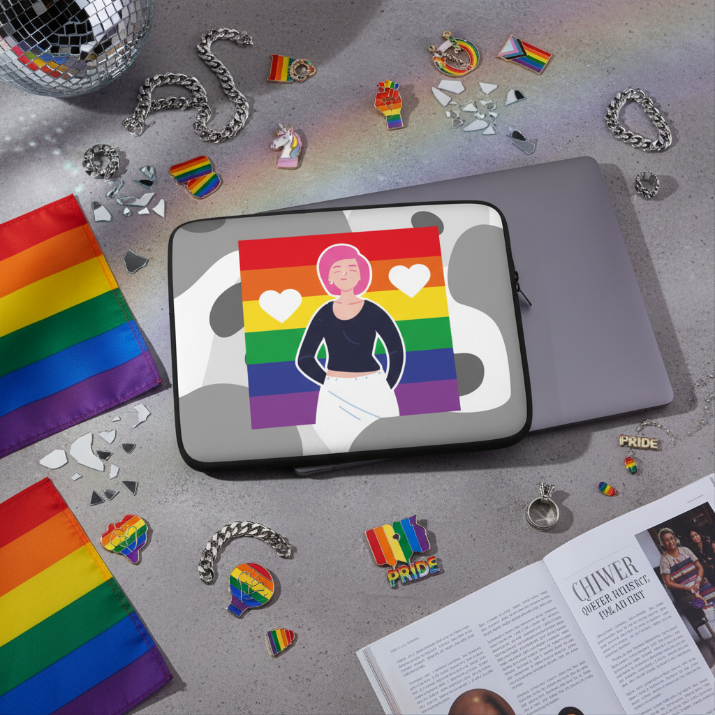 Love Is Love Is Love queer laptop sleeve with pink-haired figure, rainbow and monochrome backdrop, Pride flags, pins, disco ball.