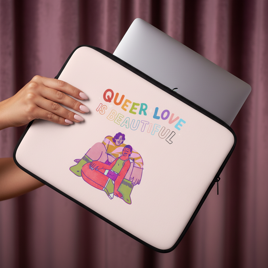 Queer Love is Beautiful laptop sleeve in pale pink with vibrant "QUEER LOVE IS BEAUTIFUL" above two joyful folks; silver laptop peeks out, mauve curtain behind.