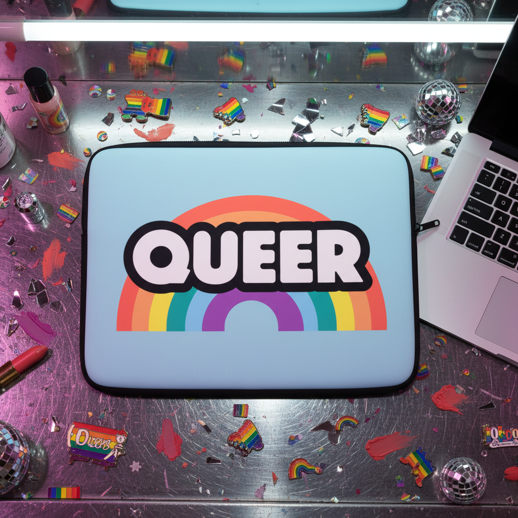 Queer Rainbow Laptop Sleeve with "QUEER" in bold over a rainbow, on a metallic table with rainbow pins, lipstick, nail polish, hearts, disco balls.
