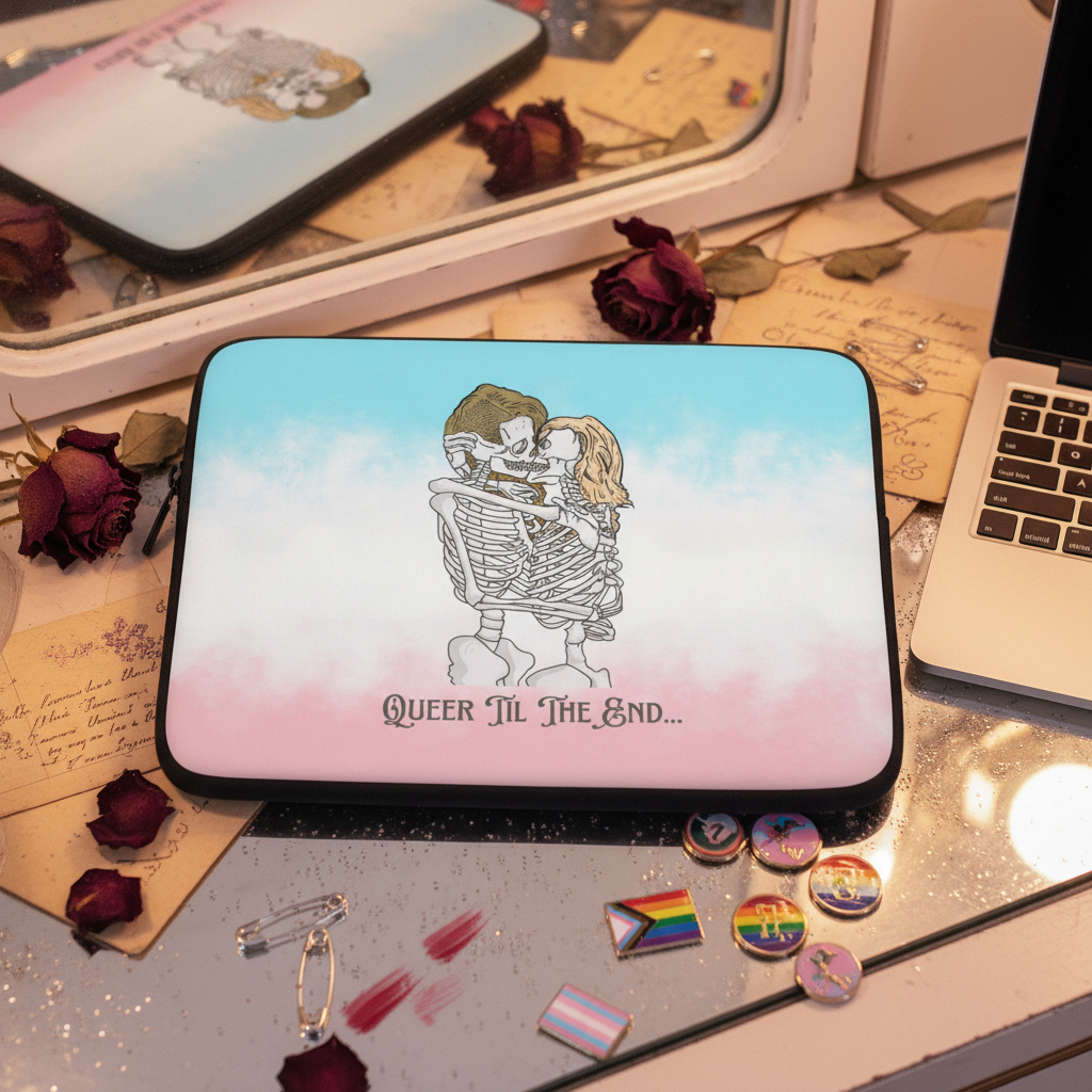 Laptop sleeve with pastel pink, blue, and white gradient, two hugging skeletons, "QUEER TIL THE END..." text; shown with pride pins.