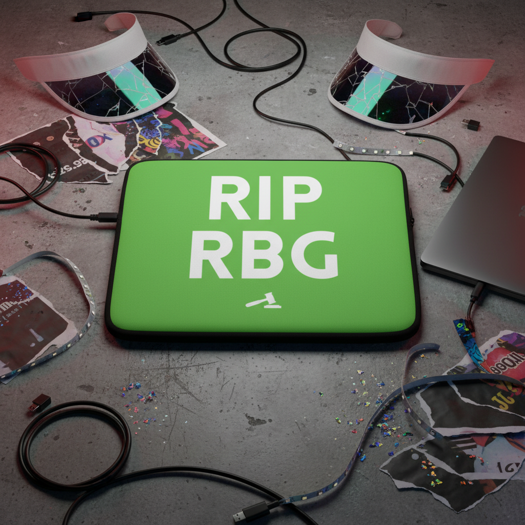 Laptop sleeve reading “RIP RBG” with a gavel, shown on concrete beside cracked visors, magazine scraps, cords, and confetti.