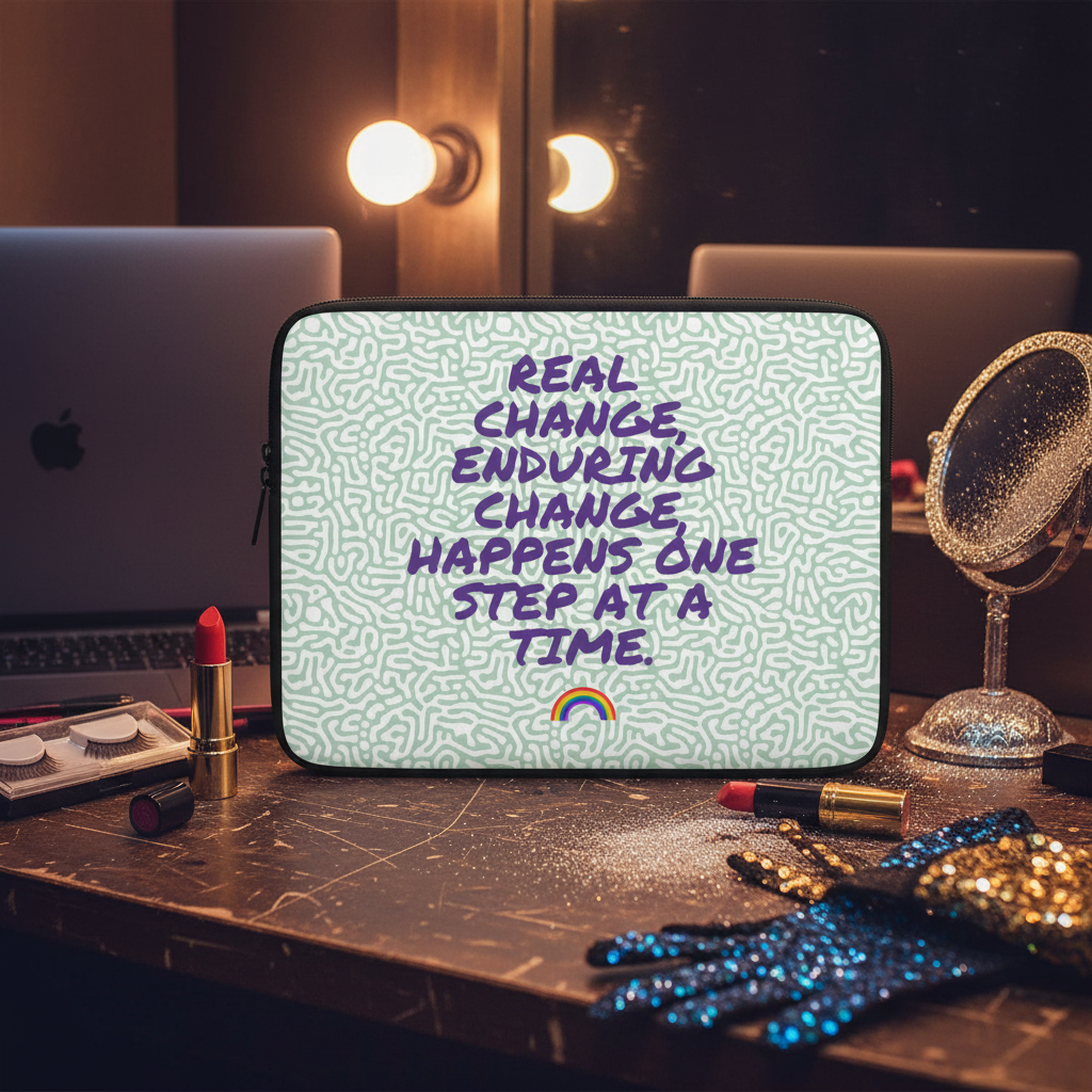 Laptop sleeve with the quote “Real change, enduring change, happens one step at a time.” in purple text, on a vanity with queer glam touches—makeup, mirror, sequined glove, and laptop under warm lighting.