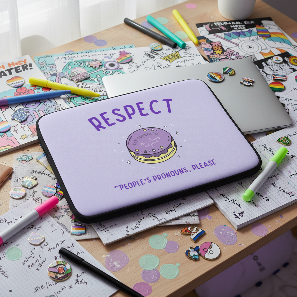 Neoprene laptop sleeve with "RESPECT PEOPLE'S PRONOUNS, PLEASE" on a desk with LGBTQ+ art, pins, and a pronoun cookie: “SHE/THEY/HE/ZE.”.
