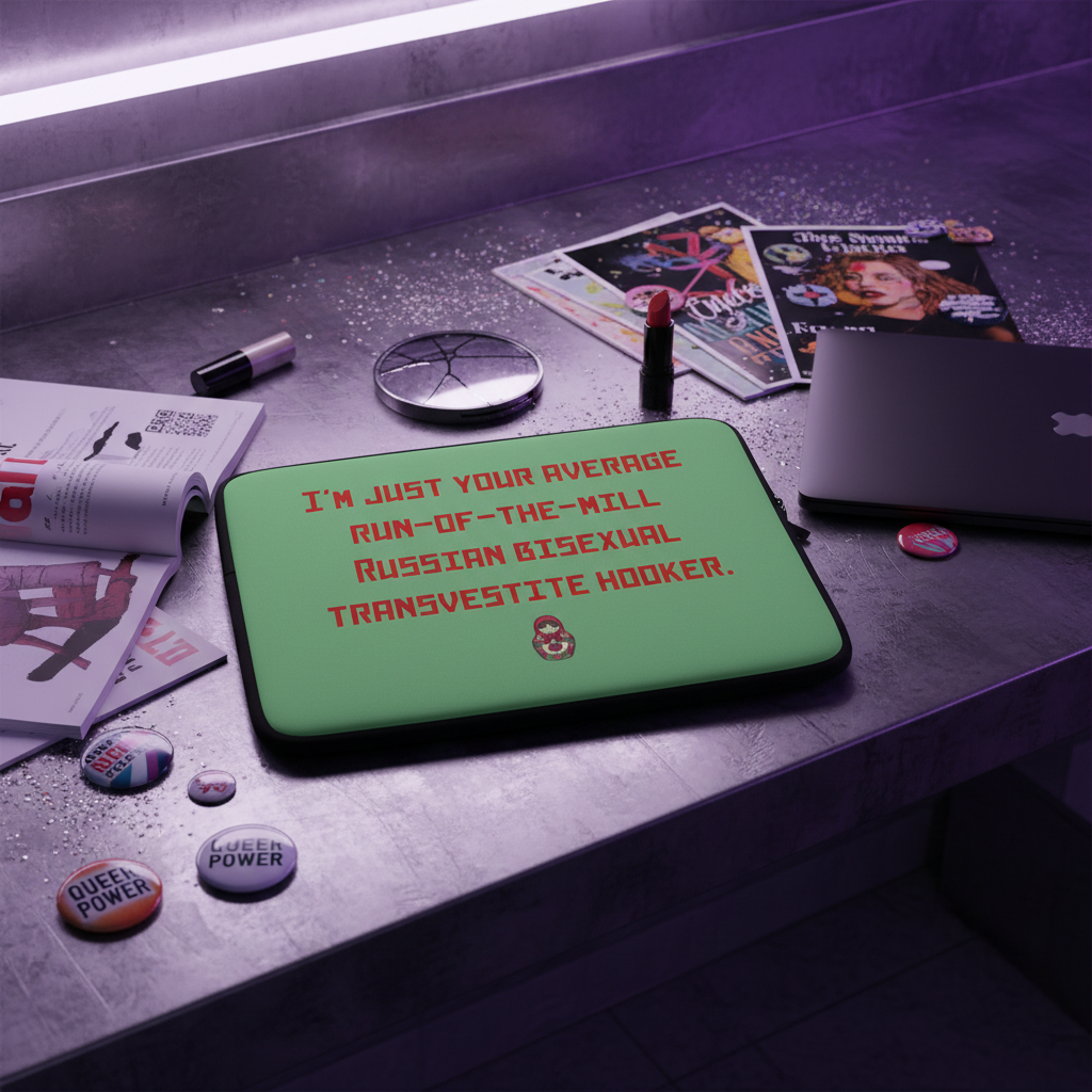 Laptop sleeve reading Russian Bisexual Transvestite Hooker in bold red on green, with “QUEER POWER” buttons, mags, lipstick, glitter.