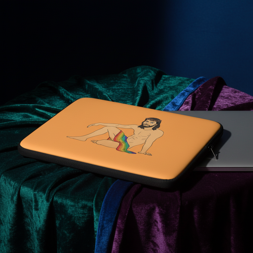 Laptop sleeve with a nude, bearded, long-haired man draped in a rainbow stripe, on green and purple velvet, dark blue backdrop.