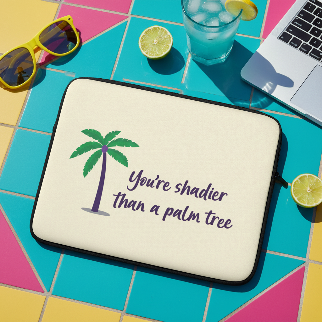 Laptop sleeve with a cartoon palm tree, “Shadier Than A Palm Tree” text, colorful tiles, yellow sunnies, lime drinks, partial laptop.