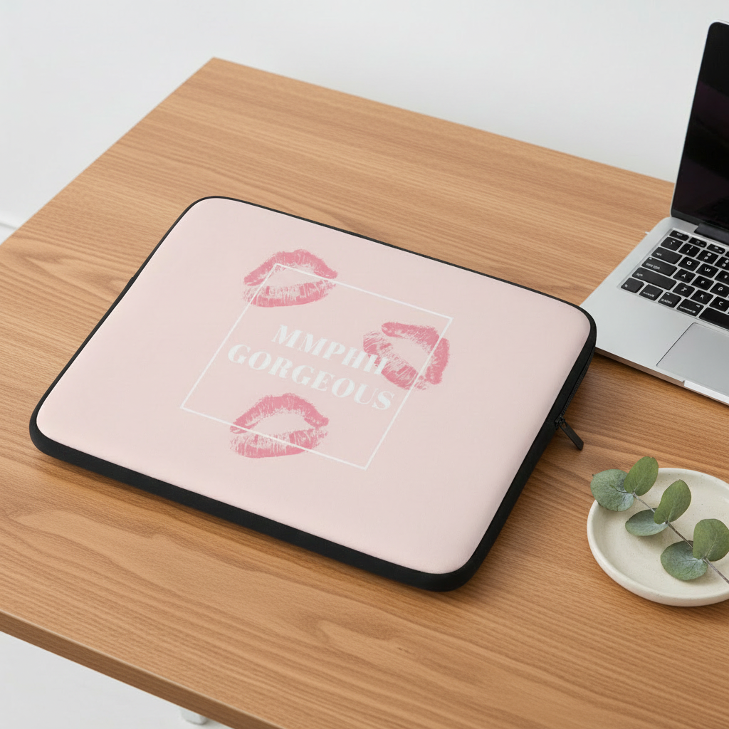 Pink neoprene laptop sleeve with red lipstick kisses and “MMMM GORGEOUS” text, on a wood desk by eucalyptus plate and open laptop.