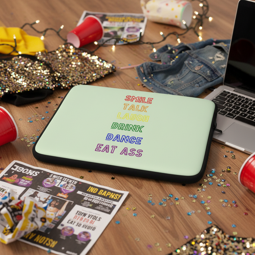Light green laptop sleeve with “Smile, Talk, Laugh, Drink, Dance, Eat Ass” in rainbow text; queer party vibes all around.