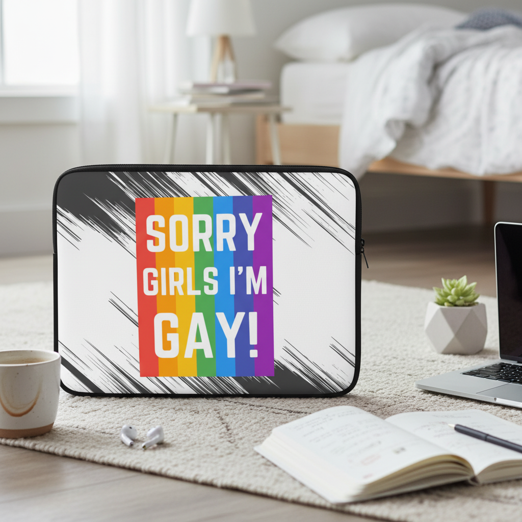 I'm Gay!" laptop sleeve in bold white letters on rainbow stripes, upright on carpet by coffee, notebook, and laptop in a sunny bedroom.
