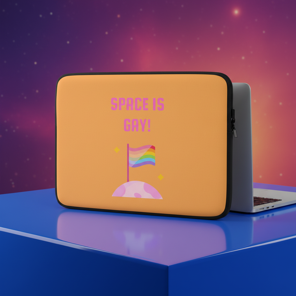 Laptop sleeve with a rainbow flag, pink planet, and “Space is gay!” text on a starry blue night sky—queer pride energy.