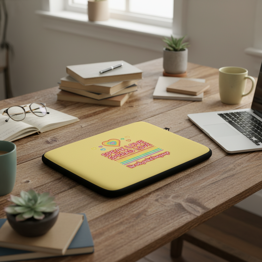 Speak Love Spread Love Laptop Sleeve in bold yellow with heart motifs and faux fur lining, glowing in sunlight at a queer cozy desk setup.